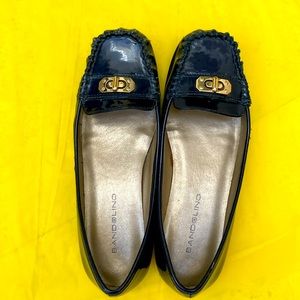 Trendy Loafers, Bandolino, Vegan patent, size7M, navy blue, gold hardware toggle